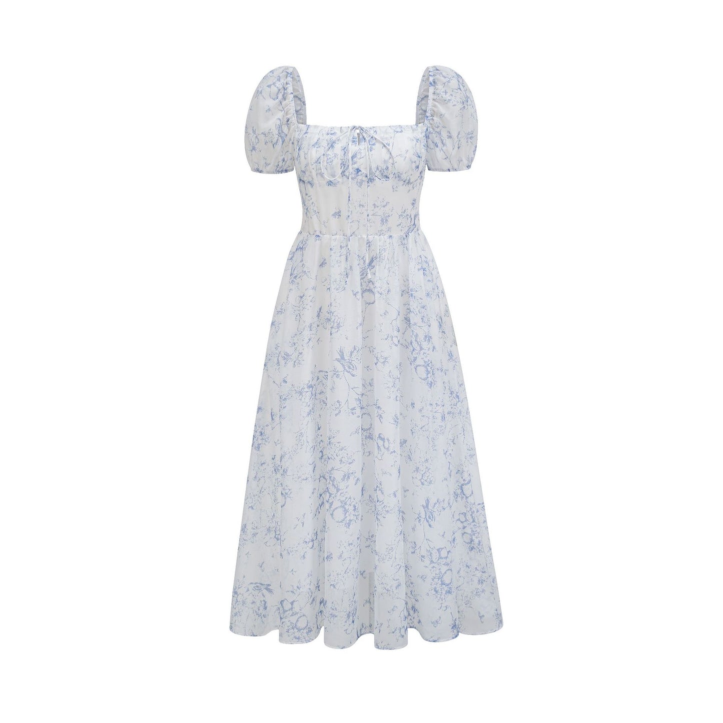 European And American Short Sleeve Mid-length Dress Square Collar Printed Temperament