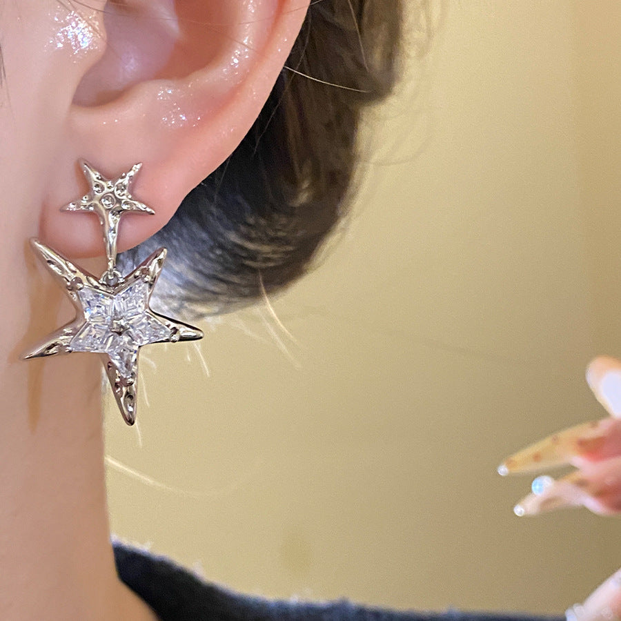 High-end Silver Needle Zircon Star Pendant Earrings