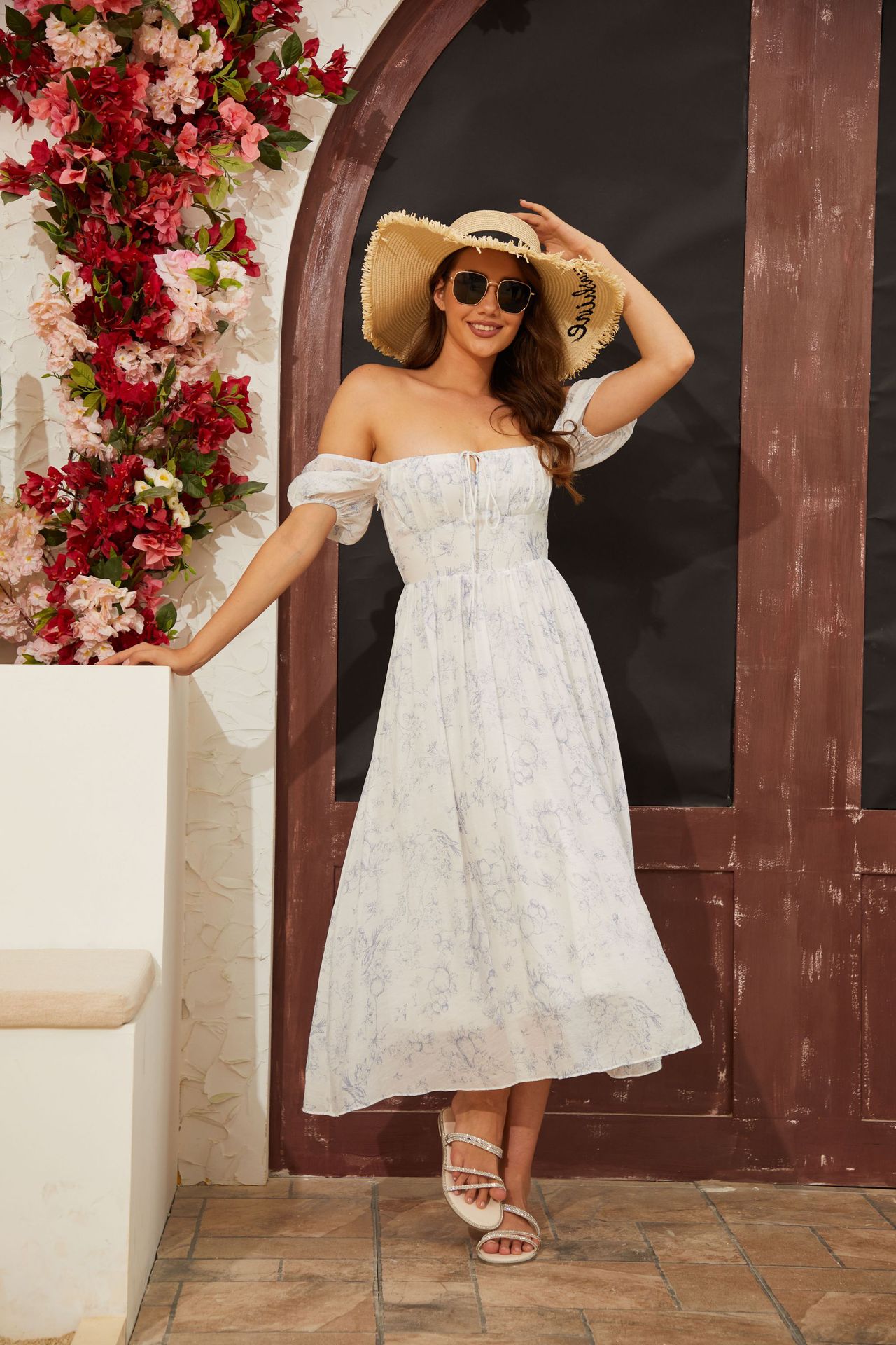 European And American Short Sleeve Mid-length Dress Square Collar Printed Temperament