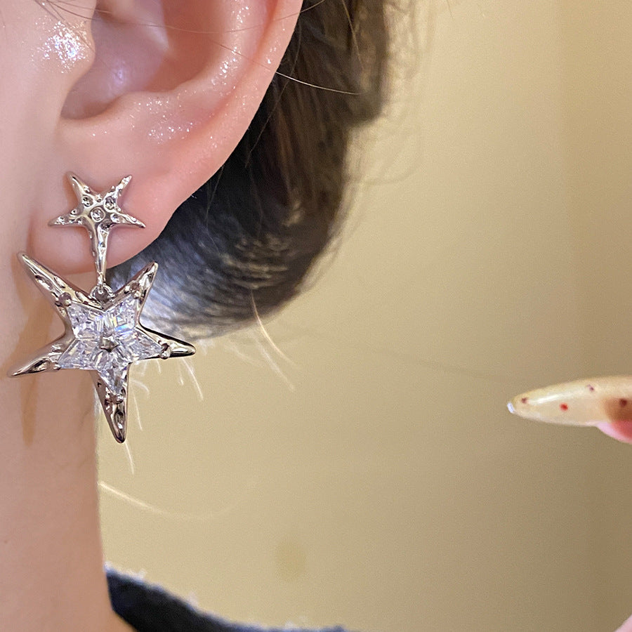 High-end Silver Needle Zircon Star Pendant Earrings