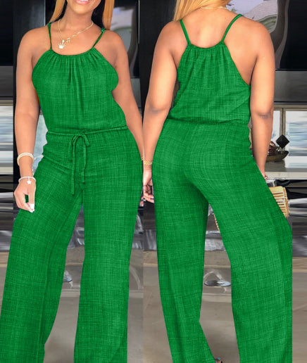 Solid Color Cotton And Linen Drawstring Casual Jumpsuit