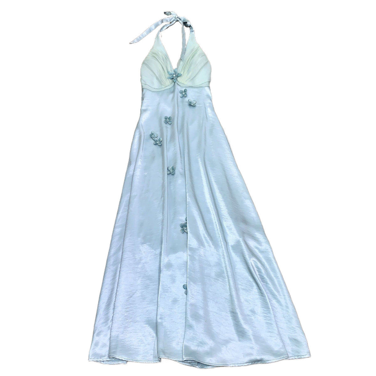 French Vacation Style Heavy Industry Halter Blue Flower Dress