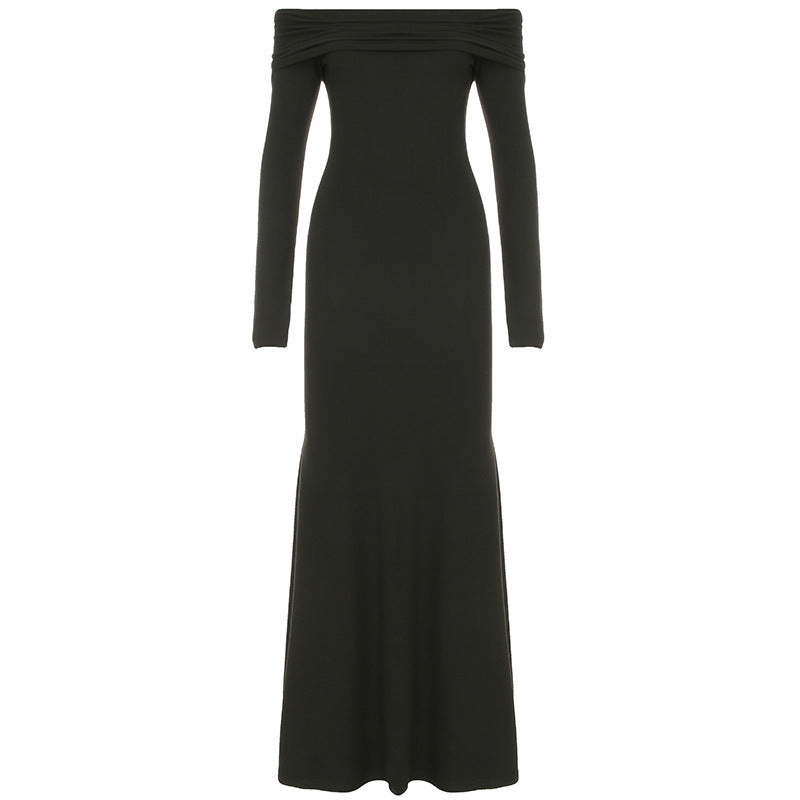Black Off-shoulder Slim Fit Sheath Fishtail Dress