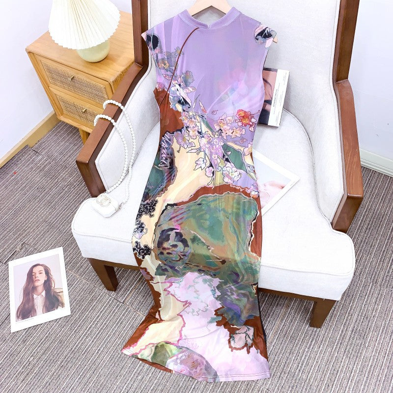 New Chinese Style Front And Back Wearable Contrast Color Cheongsam Dress