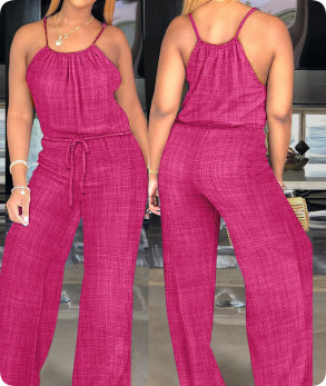 Solid Color Cotton And Linen Drawstring Casual Jumpsuit