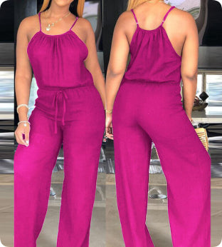 Solid Color Cotton And Linen Drawstring Casual Jumpsuit