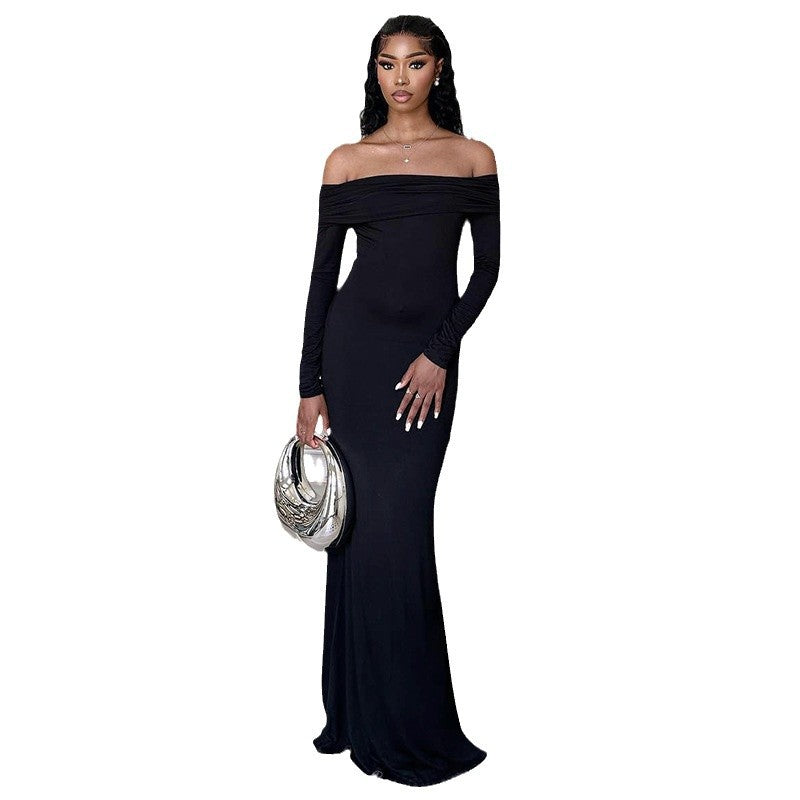 Black Off-shoulder Slim Fit Sheath Fishtail Dress