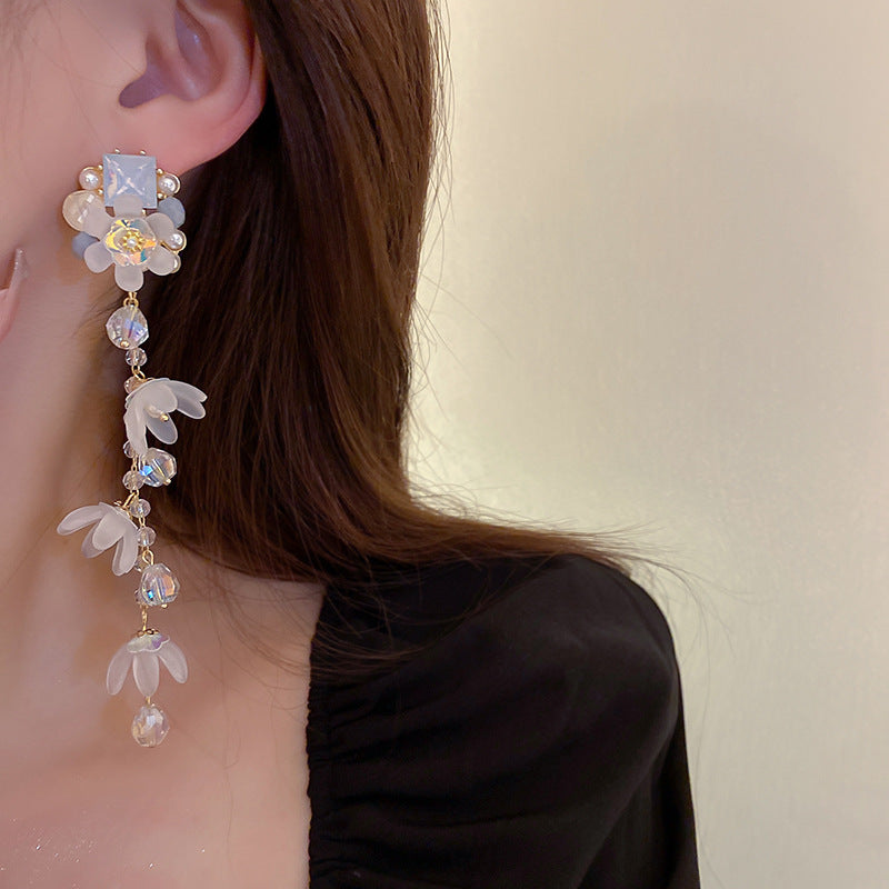 925 Sterling Silver Needle Long Tassel Earrings For Women Pearl Crystal Flower Drop Earrings Luxury Statement Bridal Wedding Party Jewelry
