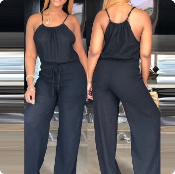 Solid Color Cotton And Linen Drawstring Casual Jumpsuit