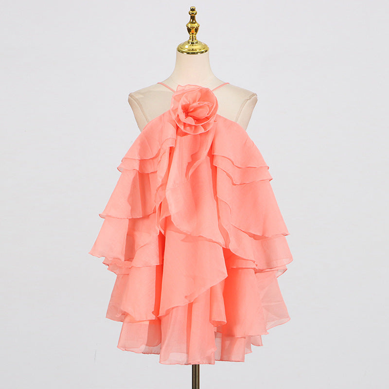 Halter Three-dimensional Flower Design Lace-up Sleeveless Dress