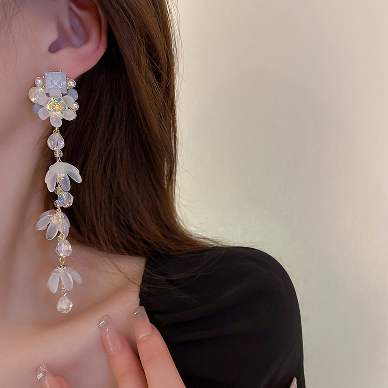 925 Sterling Silver Needle Long Tassel Earrings For Women Pearl Crystal Flower Drop Earrings Luxury Statement Bridal Wedding Party Jewelry