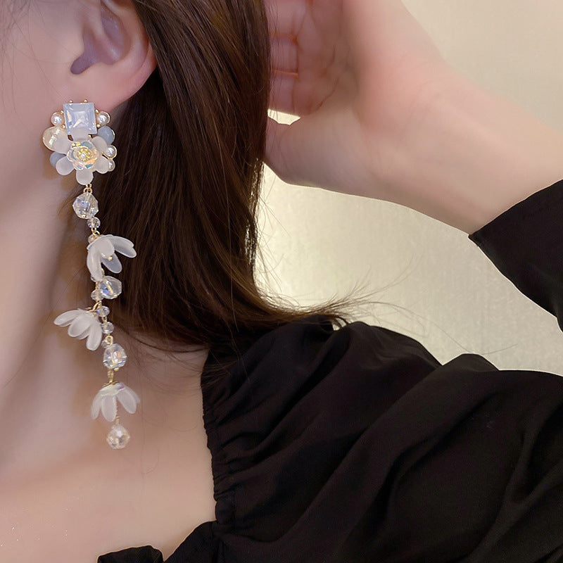 925 Sterling Silver Needle Long Tassel Earrings For Women Pearl Crystal Flower Drop Earrings Luxury Statement Bridal Wedding Party Jewelry