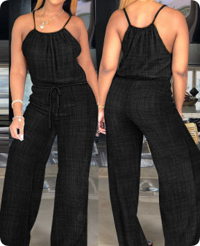 Solid Color Cotton And Linen Drawstring Casual Jumpsuit